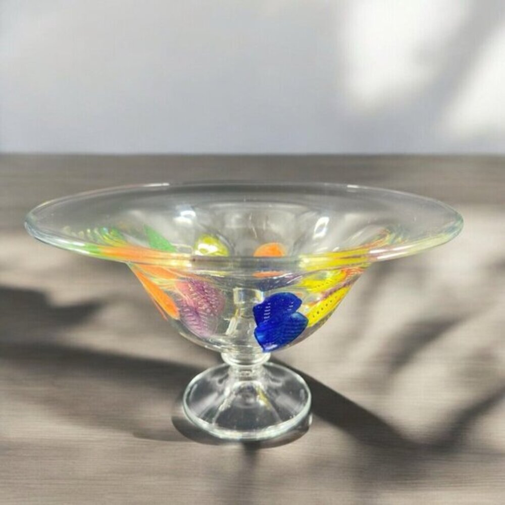 Dansk Burchetta Millefiori Leaf Design Art Glass Crystal Pedestal Bowl Dish VTG